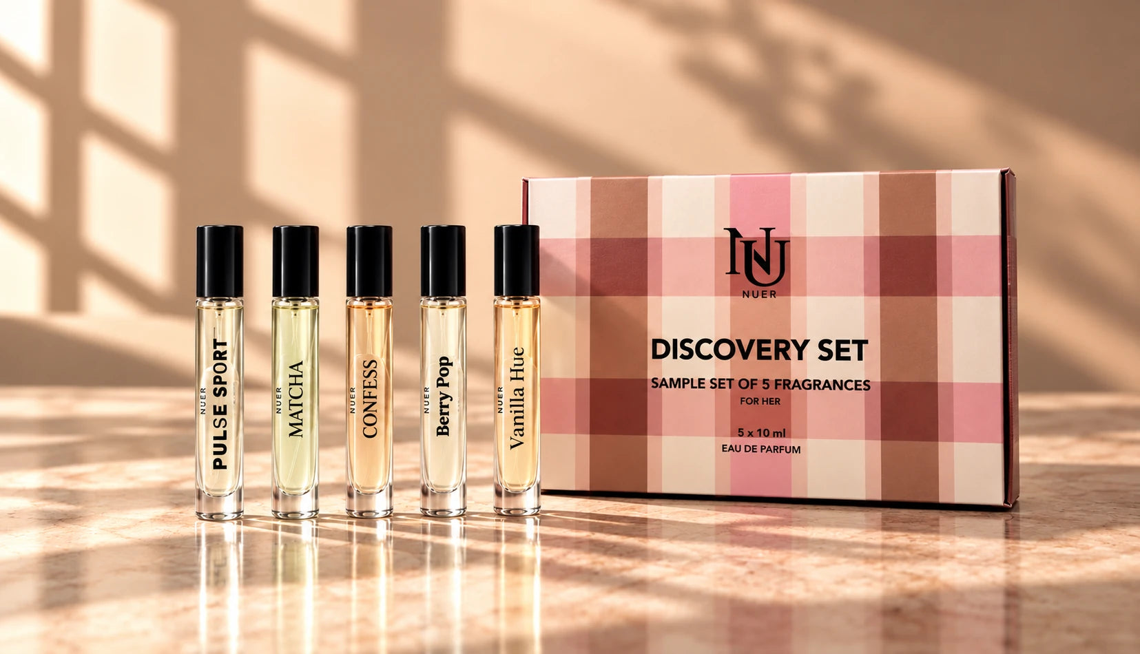 Discovery Set For Her in the pink box with Berry Pop, Matcha, Confess, Vanilla Hue and Pulse Sport