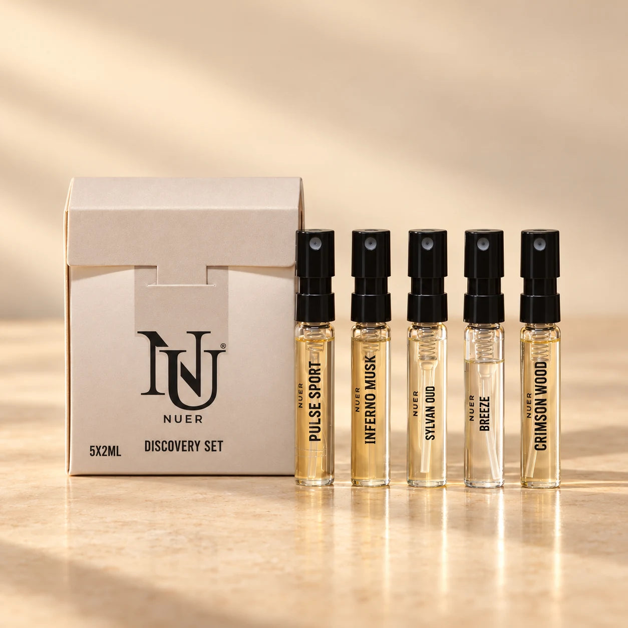 NUER Tester Kit For Him: a white discovery carton and five 2 ml fragrance spray vials.